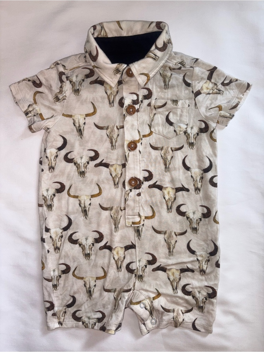 Posh Peanut Western Longhorn Collared Romper 9-12M Bamboo Cowboy